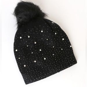 Accessories Season of Glam Black Pearl & Rhinestone Pom Pom Beanie/Accessories